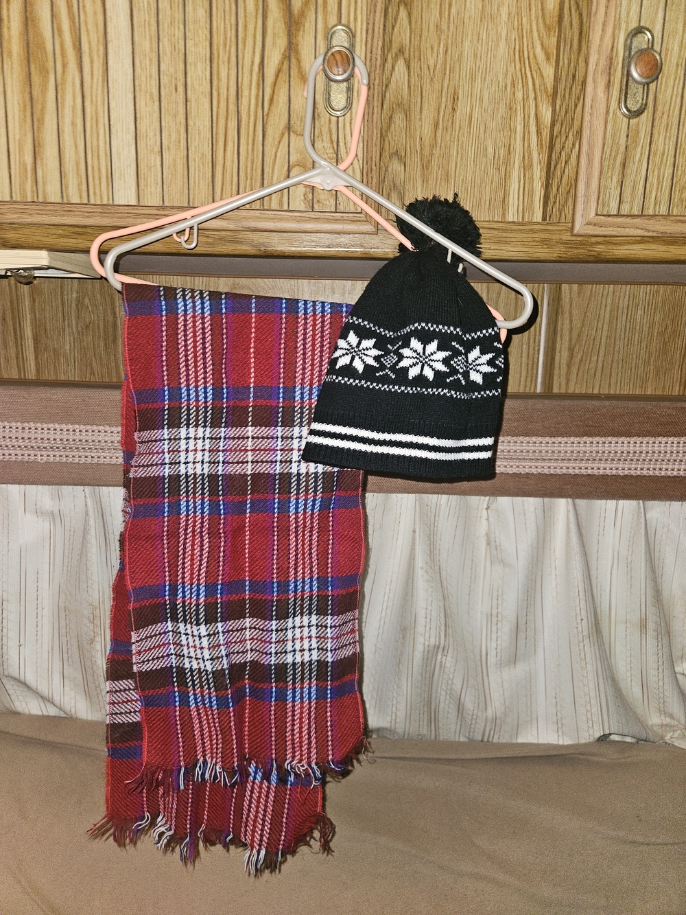 Plaid Red Winter Scarf with Black Knit Pom Beanie Bundle